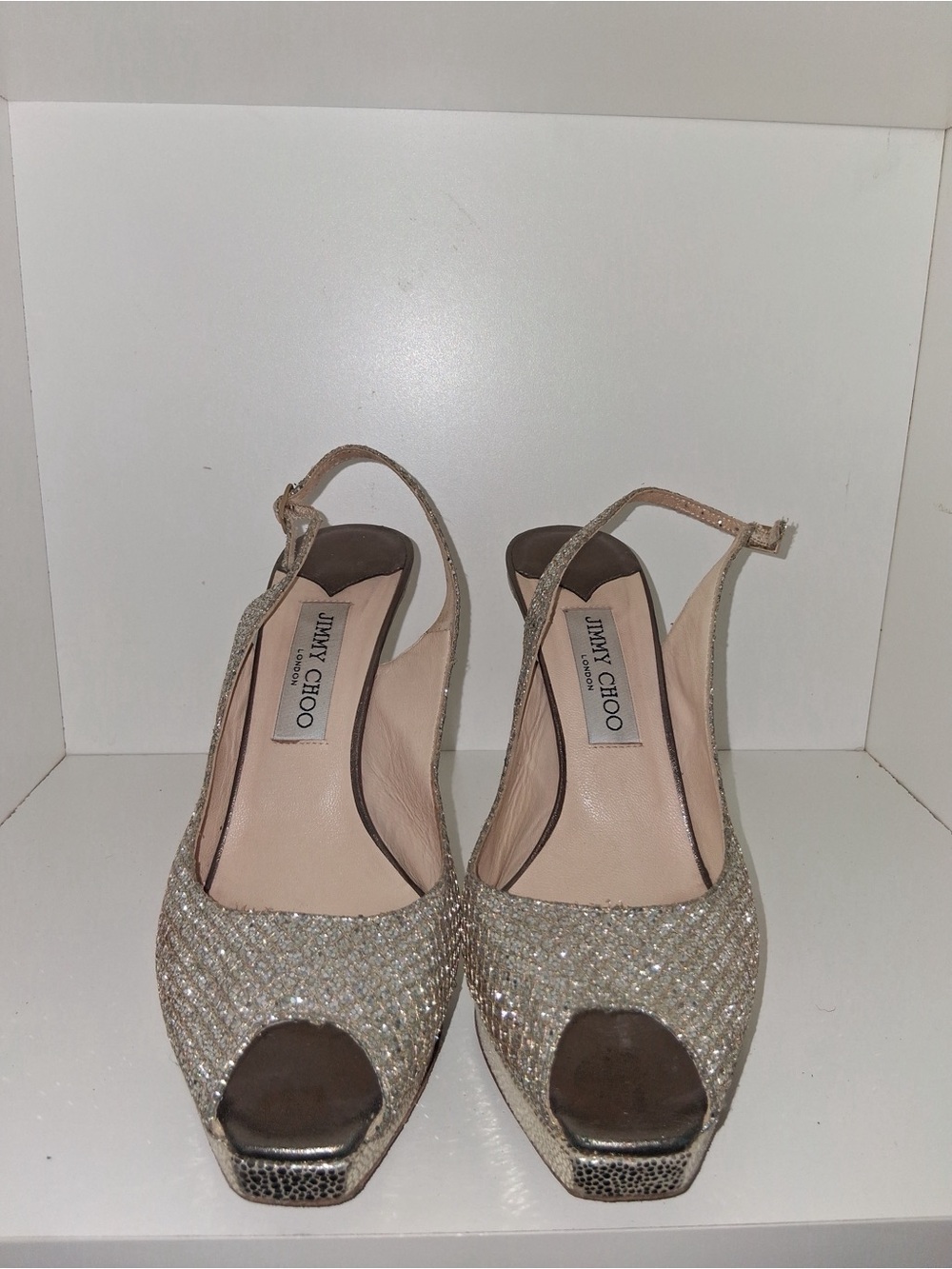 Jimmy Choo Champagne Glitter Slingback Peep-Toe Heels